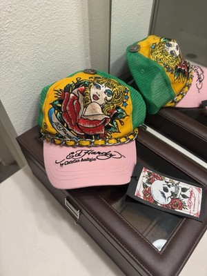 Vintage Ed Hardy  Embroidered Hat With Chain Detail- Rosebud Pinup Chick Tattoo