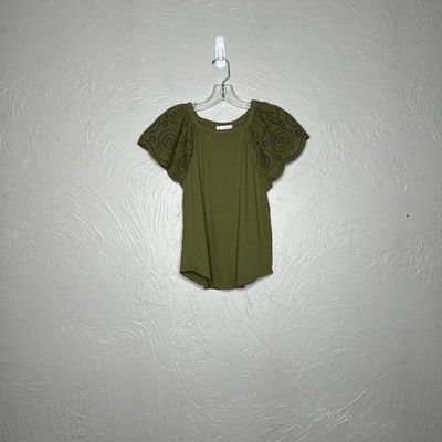 LOFT Olive Green Eyelet Flutter Sleeve Top Womens Small Boho