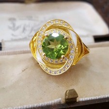 925 Sterling Silver Ring, Genuine Peridot And White Enamel,Size T.5 US 9.75,Gold