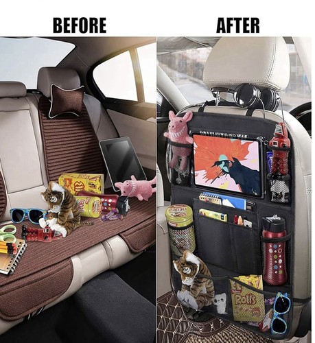 2 Pack Car Backseat Organizer 9 Storage Pockets Seat Back Protectors Kick Mats - Afbeelding 3 van 7