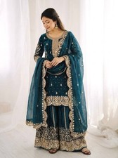 New Launching Heavy Silk Teal Blue Top Palazzo With Dupatta For Function Wear