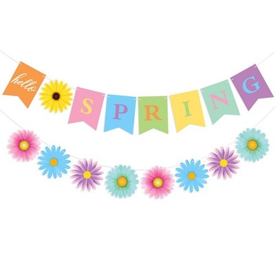 Hello Spring Banner Colorful Sun Flower Spring Party Banner Wildflower Garlan...