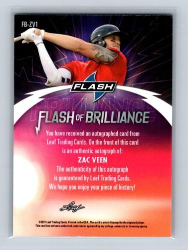 2021 Leaf Flash baseball autograph Zac Veen # FB-ZV1 - Picture 2 of 2