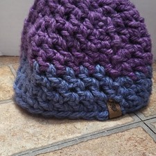 Handmade Crocheted Knit Beanie Hat Child Size Purple Blue Chunky Yarn