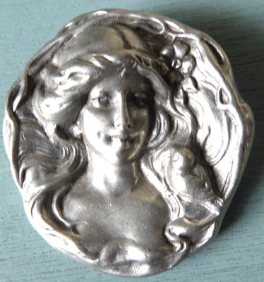 VTG Elias 1990 Lady Cameo Fine Pewter Art Nouveau Pin Brooch No. P332 1 3/4'' D