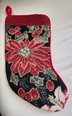 Imperial Elegance Wool Needlepoint Christmas Stocking, Poinsettia & Berries