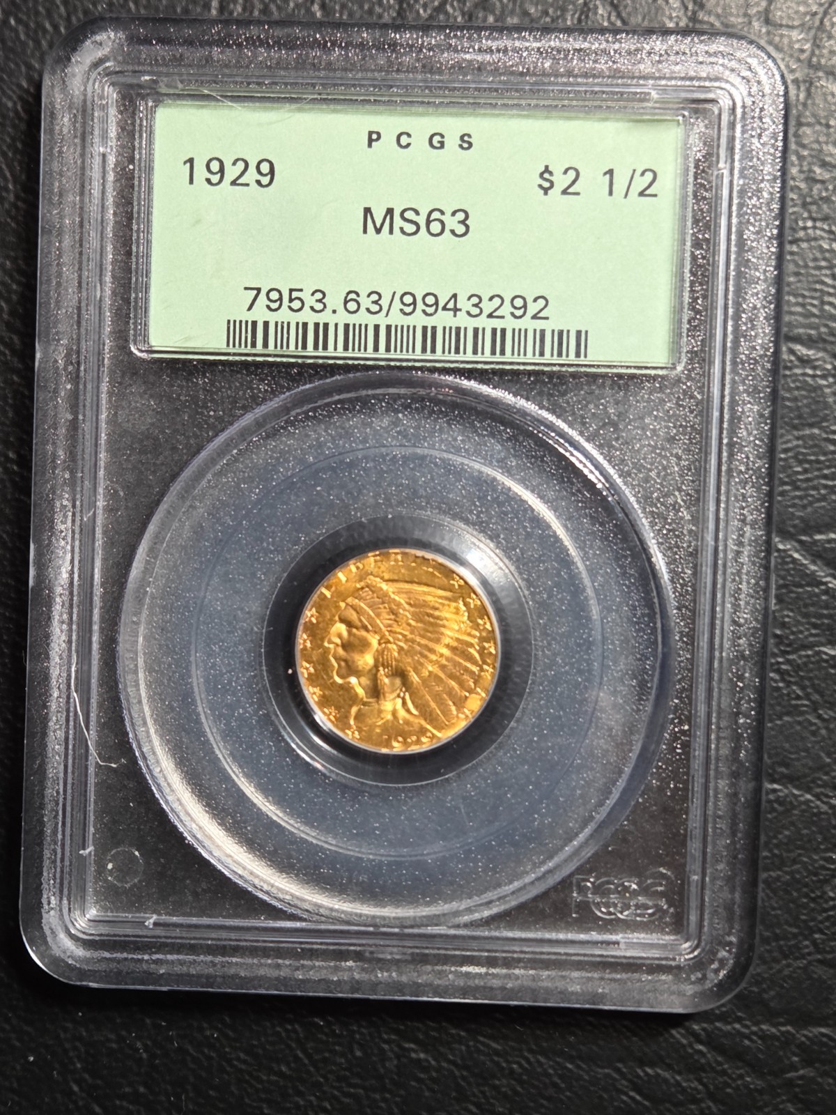 Beautiful 1929 $2 1/2 Gold Indian, Old Green PCGS Holder Graded MS 63