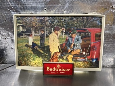 Vintage 1950s Budweiser Beer Lighted Sign Guys Hanging Out Trophy Dog