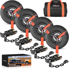 Car Tie down Straps with Chain Hook Anchors 4 Pack Adjustable Wheel Straps 2" X 