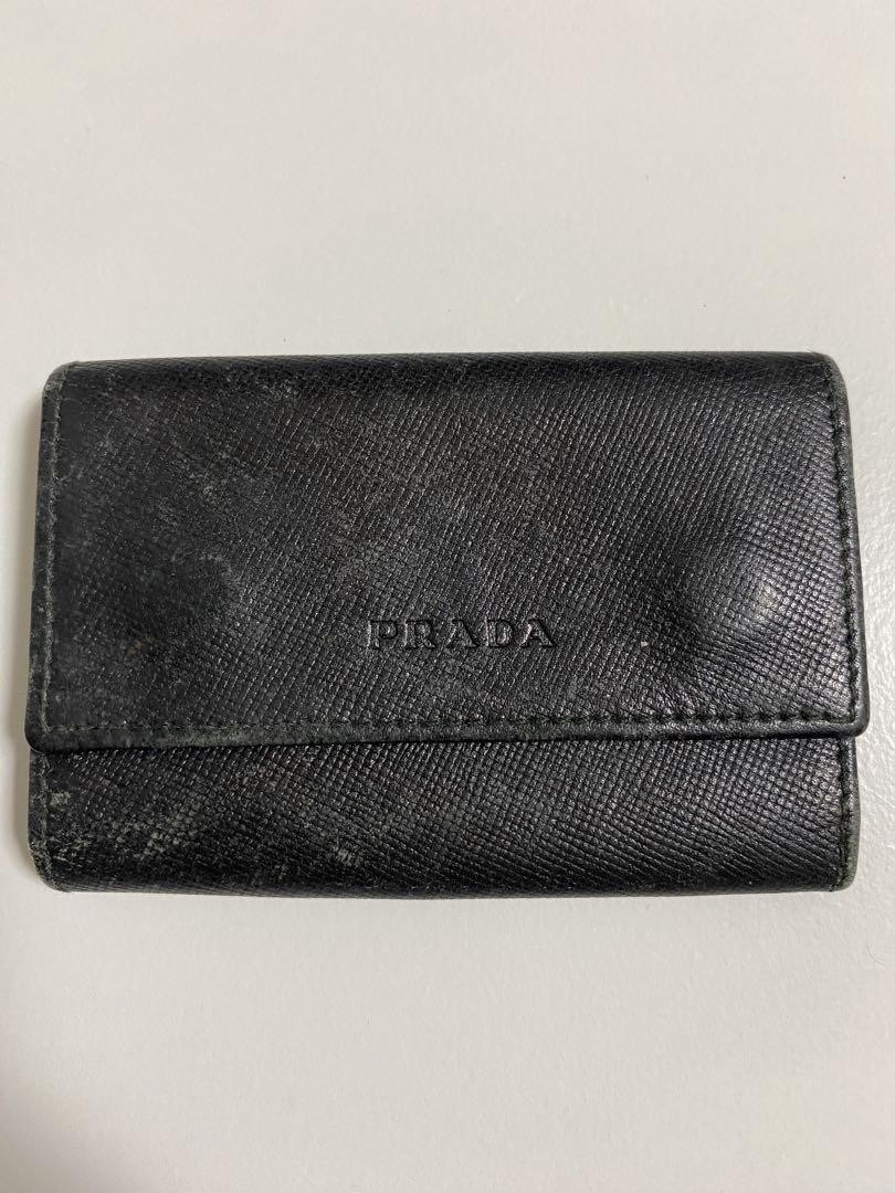 Prada Black Leather Bifold Wallet with Snap Button Compact Design