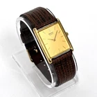 Vintage 1985 Seiko Tank Quartz Watch 25mm Slim Gold Tone Orig Strap New Battery