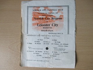 Norwich City v Leicester City reserves 1968 Football Combination single sheet