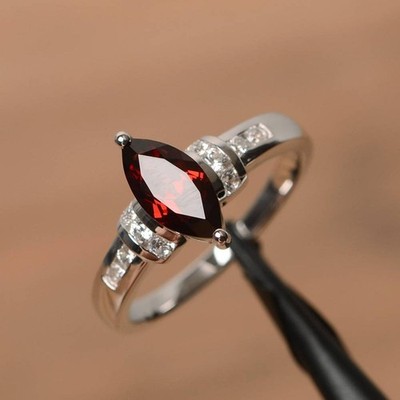 2C Marquise Lab Created Red garnet Solitaire Engagement Ring14K White GoldPlated