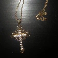 14K Gold Plated Necklace with Cross w/hearts Pendant and White Zirconia Stones ✨