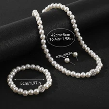Women's Imitation Pearl Jewelry Set, 8mm White Necklace, Wedding Jewelry