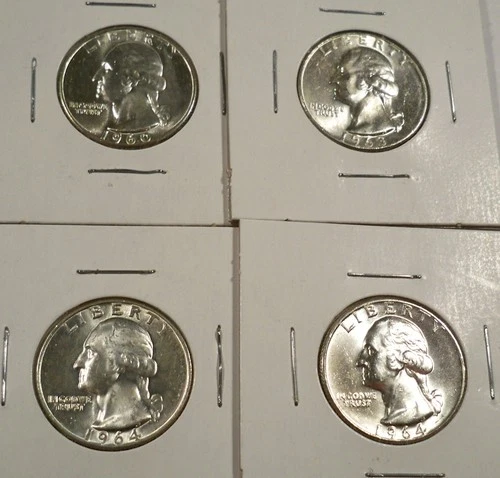 LOT OF 4 BU WASHINGTON QUARTERS 1960 1963-D 1964 1964-D 0.7233 oz SILVER 25c