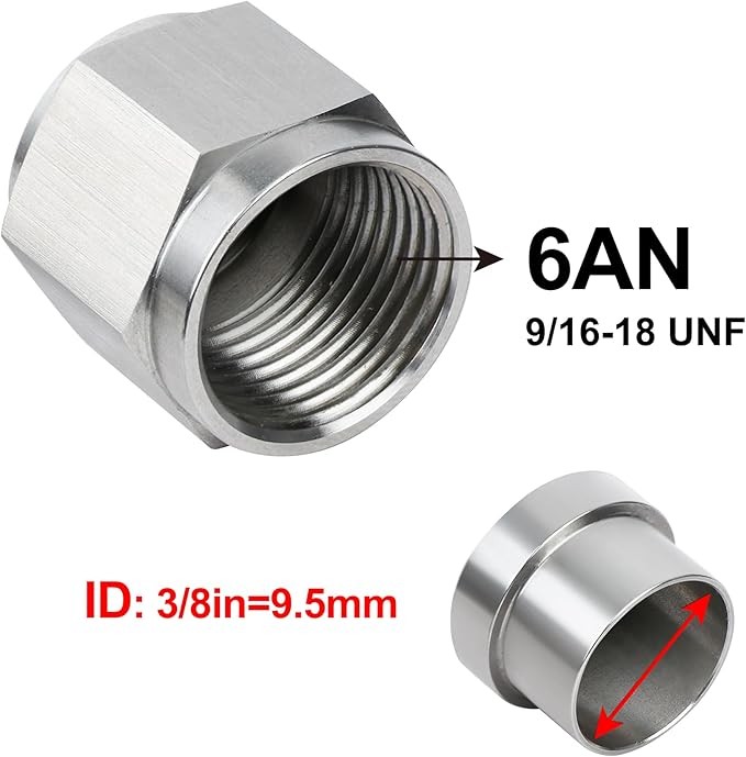 6AN Female Fitting 2PCS Tube Nut Sleeve for 3/8" OD Hardline AN6 JIC 37 Degree
