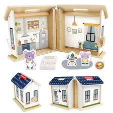 Wood Pretend Play Toy Dollhouse, 6-Piece Wooden House Playset for Travel