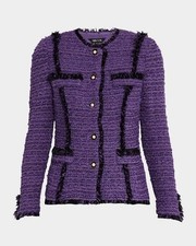 Misook XL Plum Tweed Jacket With Fringe Faux Pearl Buttons Tailored Fit Flaw 