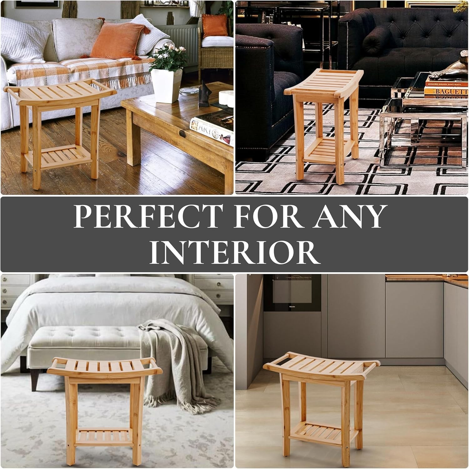 Bamboo Shower Bench with Storage Shelf, Shower Stool for Inside Shower, Water...