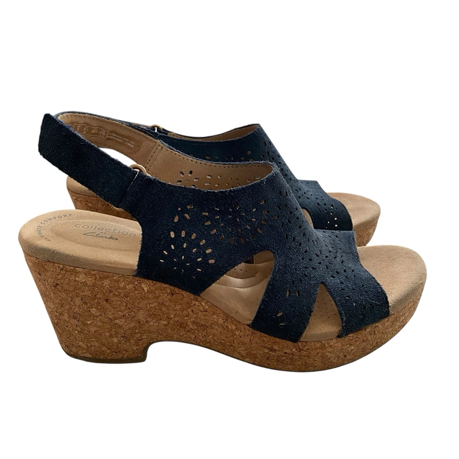 Clarks slingback sughero zeppa sandalo donna 8 5 M blu navy scamosciato comodo estivo boho