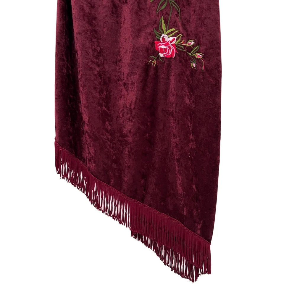 Vestido midi asimétrico bordado floral de terciopelo Rampage para mujer Borgoña Flecos S Foto 3 de 4