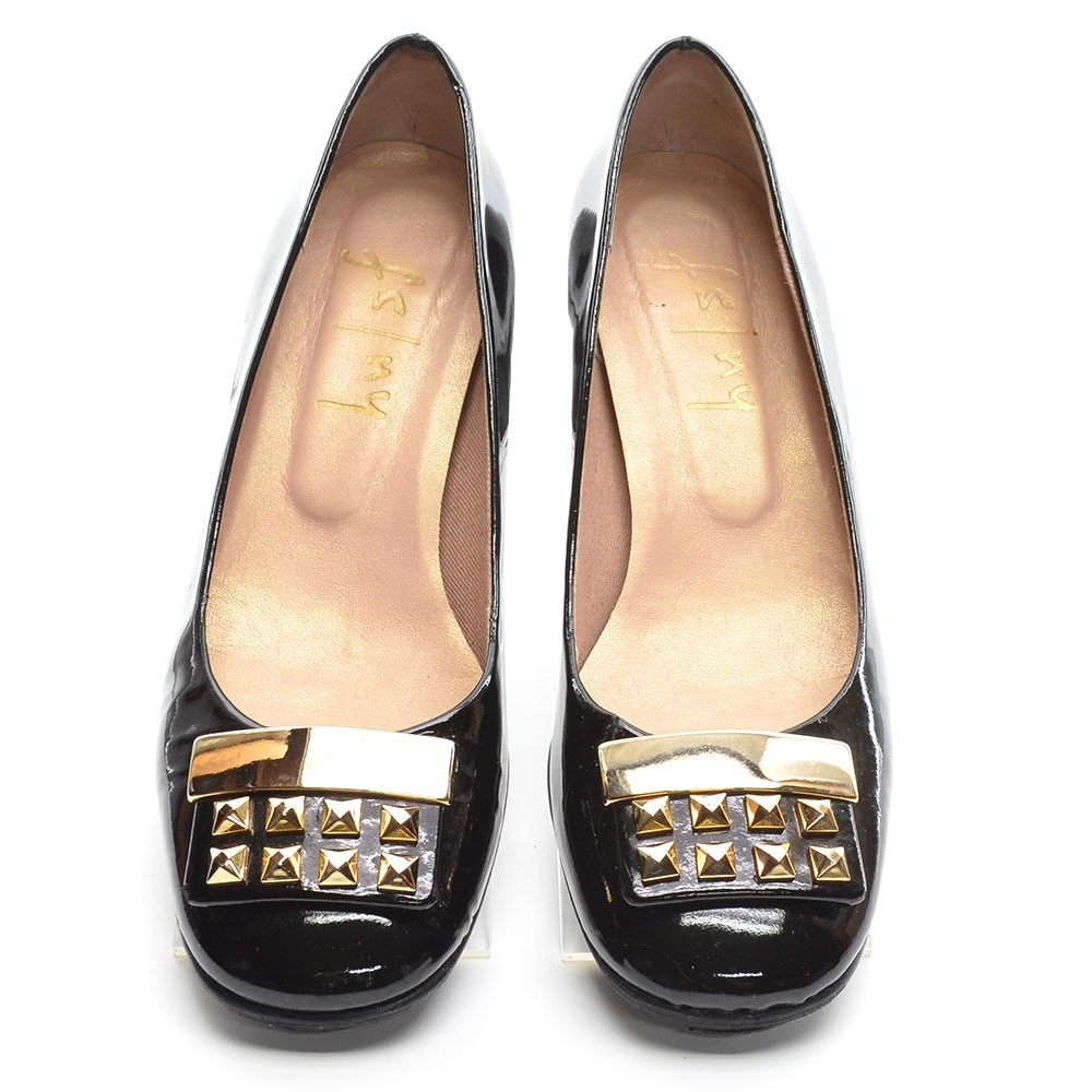 SAOLA Scarpe decolte basse donna suola francese FS NY borchie placca 7 B nere vernice tacco