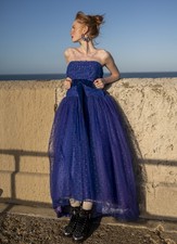 Orig Vintage 1950s JEAN ALLEN Colbalt Blue Frothy Tulle Prom Strapless Dress 10