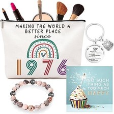 50th Birthday Gift Set for Women – Makeup Bag, Pink Bracelet, Card & Keychain