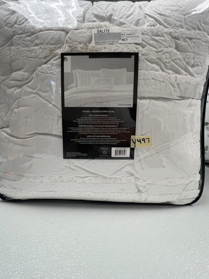 Juego de edredón y fundas DKNY chenilla a rayas King blanco usado con defectos Foto 2 de 4