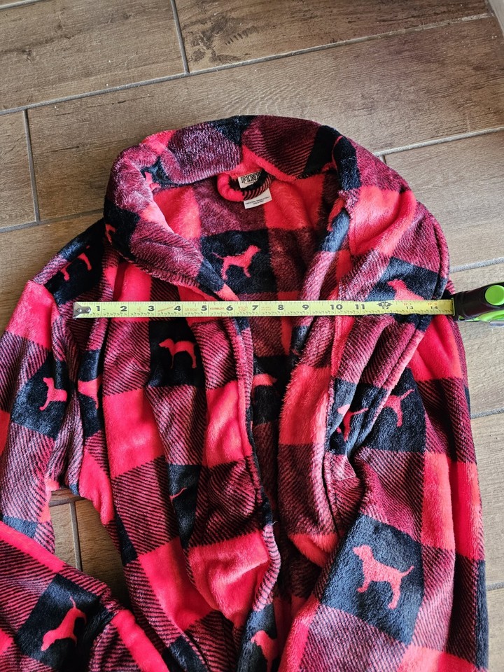VICTORIA'S SECRET PINK Buffalo Plaid Dog Logo Plush Bath Robe Wrap Belt