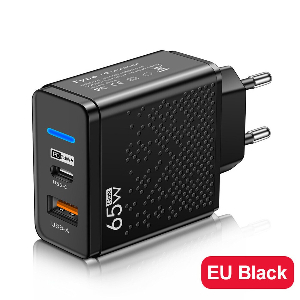 Bwine 65W USB-C Reise-Ladegerät Mit 3 Anschlüssen – Inkl. UK/EU-Adapter, 1,2m Kabel, Für Laptop, IPhone, IPad