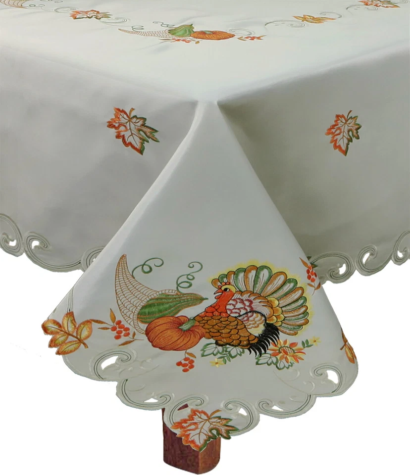 Creative Linens Fall Thanksgiving Tablecloth Napkin Harvest Pumpkin Turkey Ivory - Image 2 of 4
