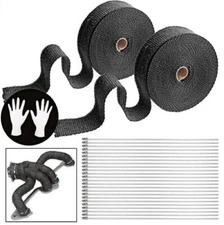 2Roll x 2" 50Ft Black Fiberglass Exhaust Header Pipe Heat Wrap Tape +24 Ties Kit