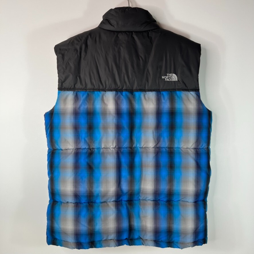 The North Face Puffer Down Vest Blue Plaid Full Zip Pockets