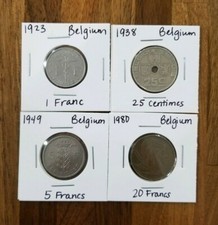Belgium 1923-1980 Coins- 1923 1 Franc 1938 25 Cents 1949 5 Francs 1980 20 Francs