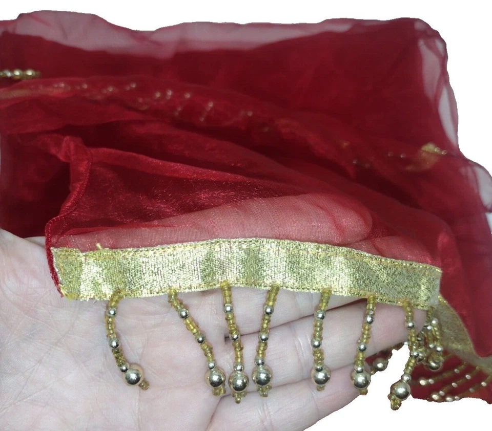 Chair Sash Red Beaded Gold Bow Table Runner Holiday Sheer  12"x106" Set 3 - Image 4 of 4