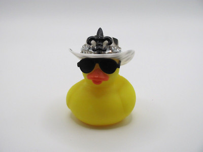 HAND DECORATED YELLOW RUBBER DUCK W/ WHITE COWBOY HAT W/ BLACK SPOTS & GLASSES