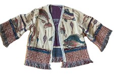 Upcycled Blanket Jacket Fishing Lure Fringe Tapestry Coat Cottagecore Handmade L Upcycled Blanket Jacket Fishing Lure Fringe Tapestry Coat Cottagecore Handmade L