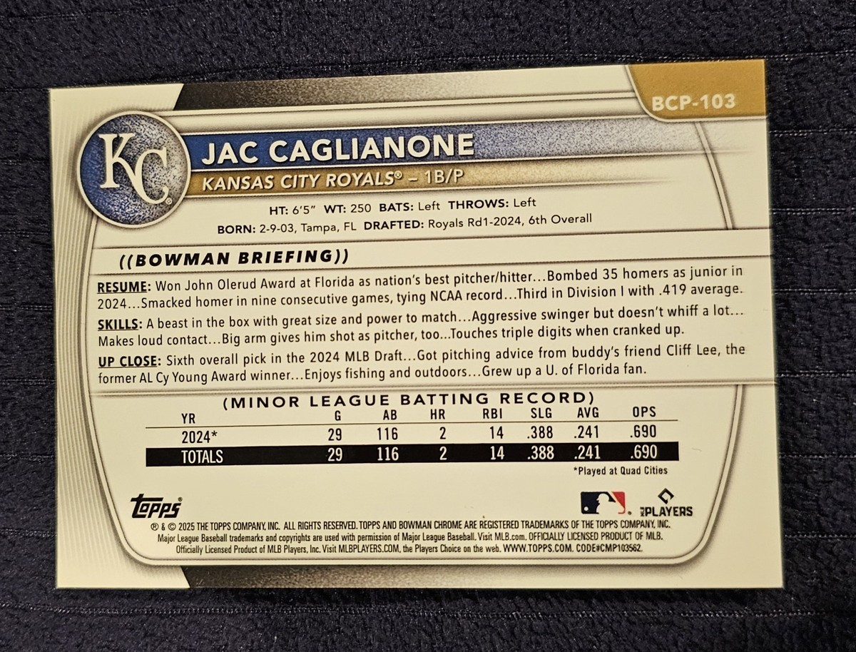 J baccing company C.P 希少　レア　vintage メ*ス様 2025 #BCP-103 /50 Mojo Gold Caglianone Jac Prospects Chrome Bowman ジャケット・アウター