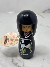 Daiso Japanese Kokeshi Doll Wooden  Black White Flowers 3.5”. New With Tag