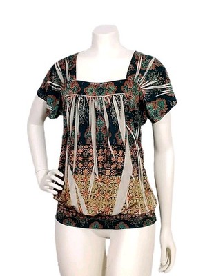 Unity World Wear Petite Top PL Multicolor Boho Floral Geometric Short Sleeve 