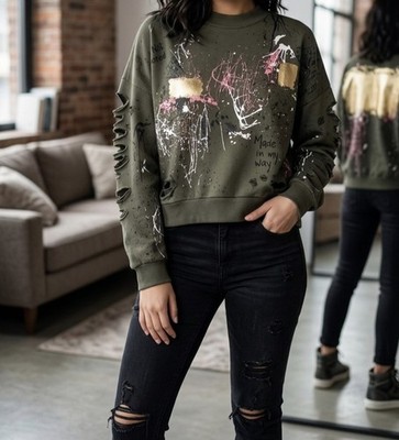 ZARA WOMAN Unikat Custom Art Sweatshirt Gr. S/36 Olive Gold Foil Splatter...