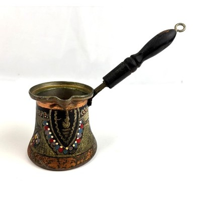 Vintage Turkish Copper Coffee Pot Kettle Wooden Handle Hand Painted Decor Cezve