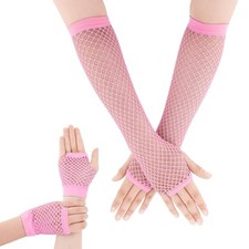 2 Pairs Neon Pink Fishnet Arm Sleeves  Fingerless Gloves - Stretchy Mesh for