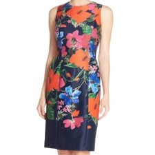 Eliza J Floral Scuba Sheath Dress Size 14 Wedding Guest Bold Colorful Slimming