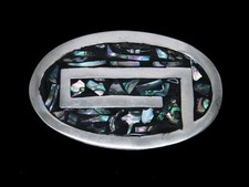 TD05156 VINTAGE 1970s  ABALONE SHELL  SOUTHWESTERN DESIGN ART BELT BUCKLE