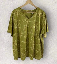 New Denim & Co Chartreuse Green Embroidery Floral Popover Tee Top Knit Size 2x