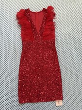 SHEIN Red Sequin Feather V-Neck Sleeveless Bodycon Mini Dress XS