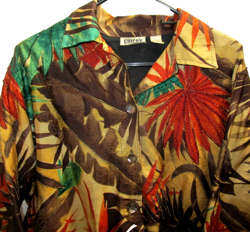 CHICO'S women amazing palm print beaded jacket size 1 excellent 100% silk !!